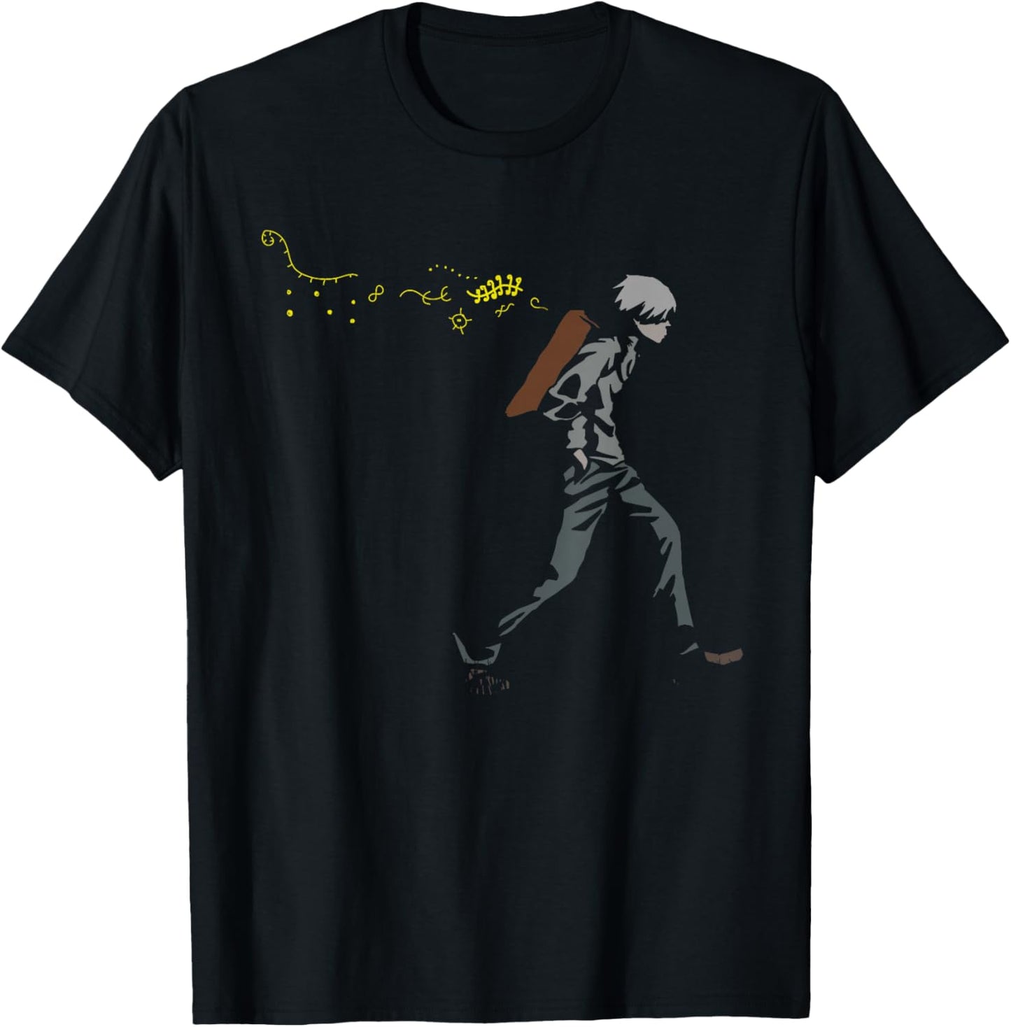 Unique Anime Manga Japanese Otaku Gifts Japanese Mushi Mushishi Women's Black Cartoon Animal Print Mandarin Collar T-Shirt - T-Shirt | Black