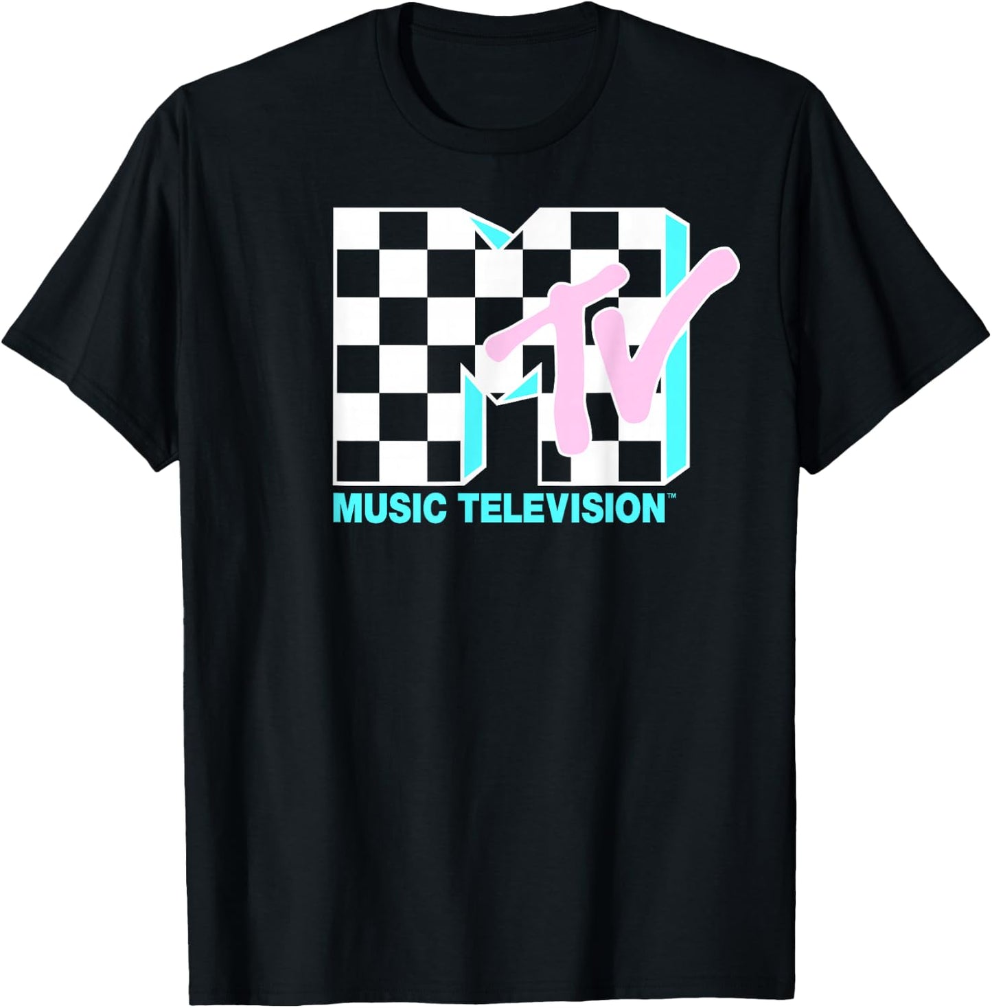 MTV Neon Checkered Logo Graphic T-Shirt - T-Shirt | Black