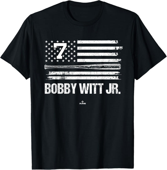 USA Flag Bat Bobby Witt Jr. Kansas City Baseball MLBPA T-Shirt - T-Shirt | Black