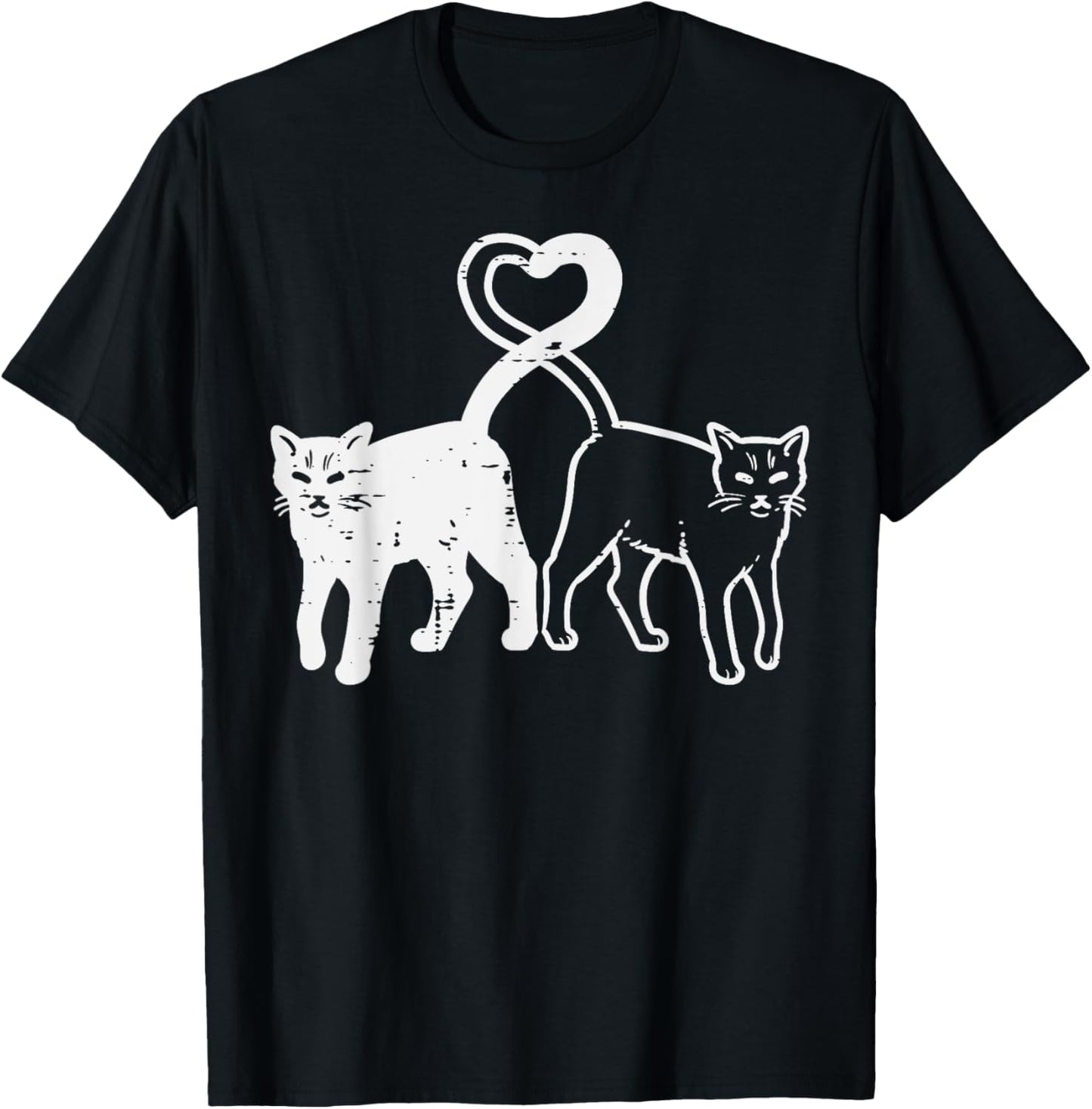 Black And White Cat Heart Tail Cute Kitten Women Girls Kids T-Shirt - T-Shirt | Black