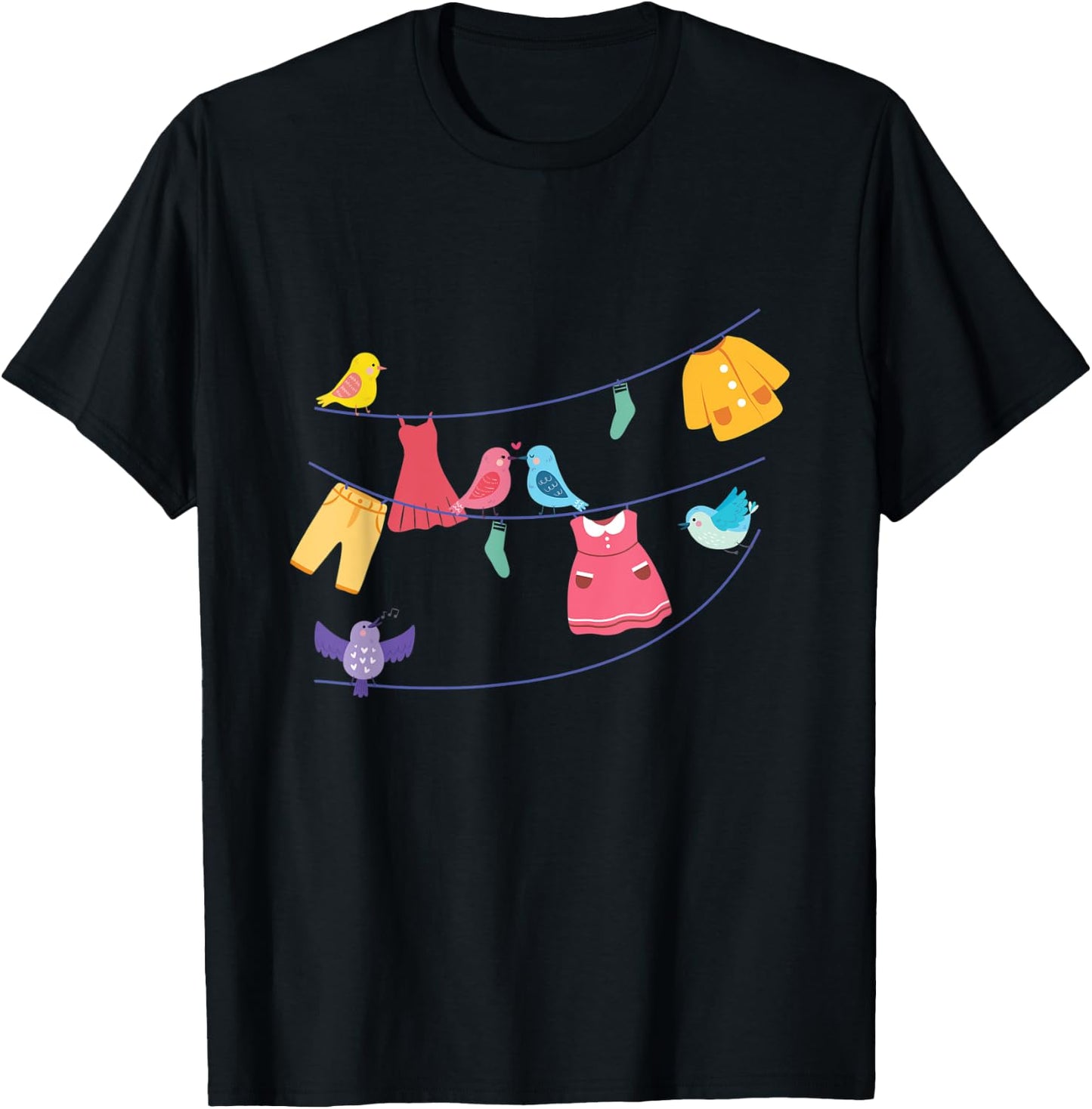 Laundry Birds Hanging On Clothes Line Bird Lover Rope Gift T-Shirt - T-Shirt | Black