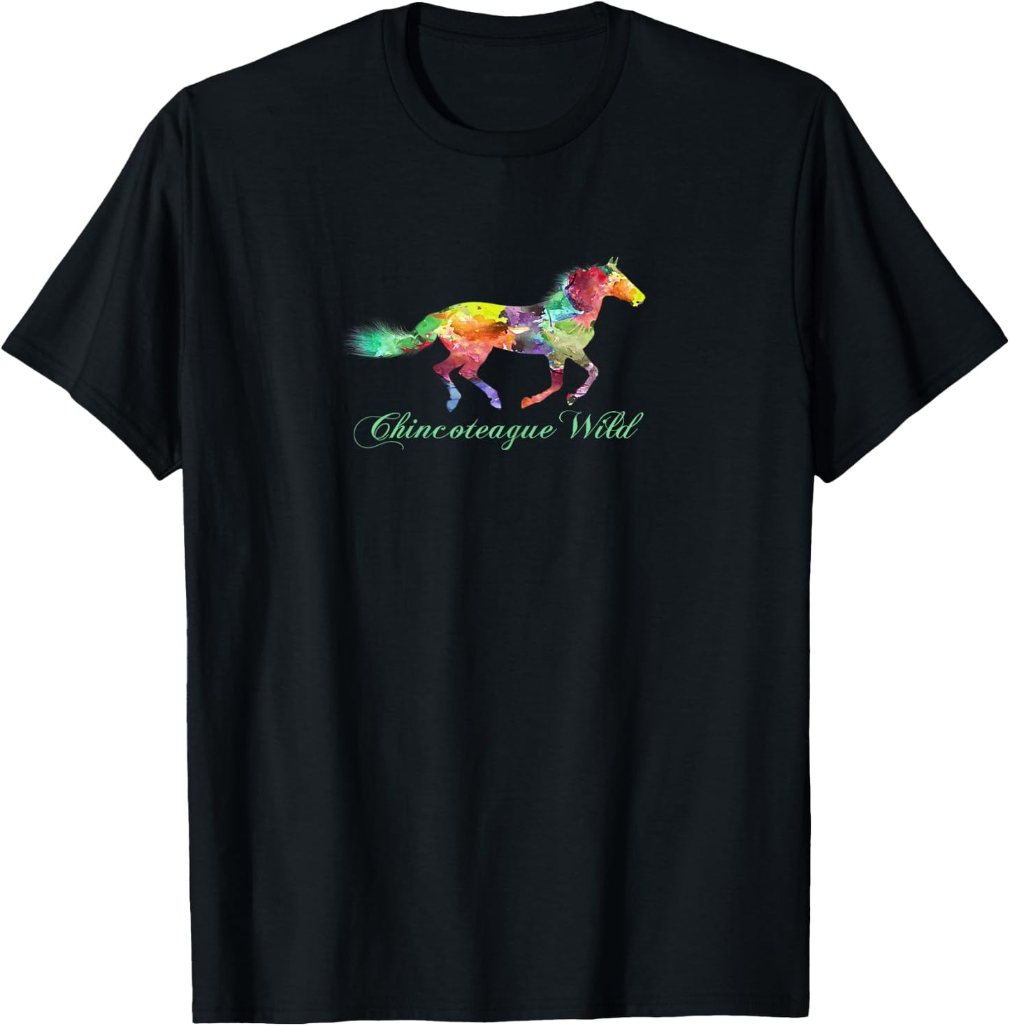 Sunshine Boy Graphic Arts Chincoteague Wild Pony - Women's X-Small Black Modern Letter Print T Back T-Shirt - T-Shirt | Black
