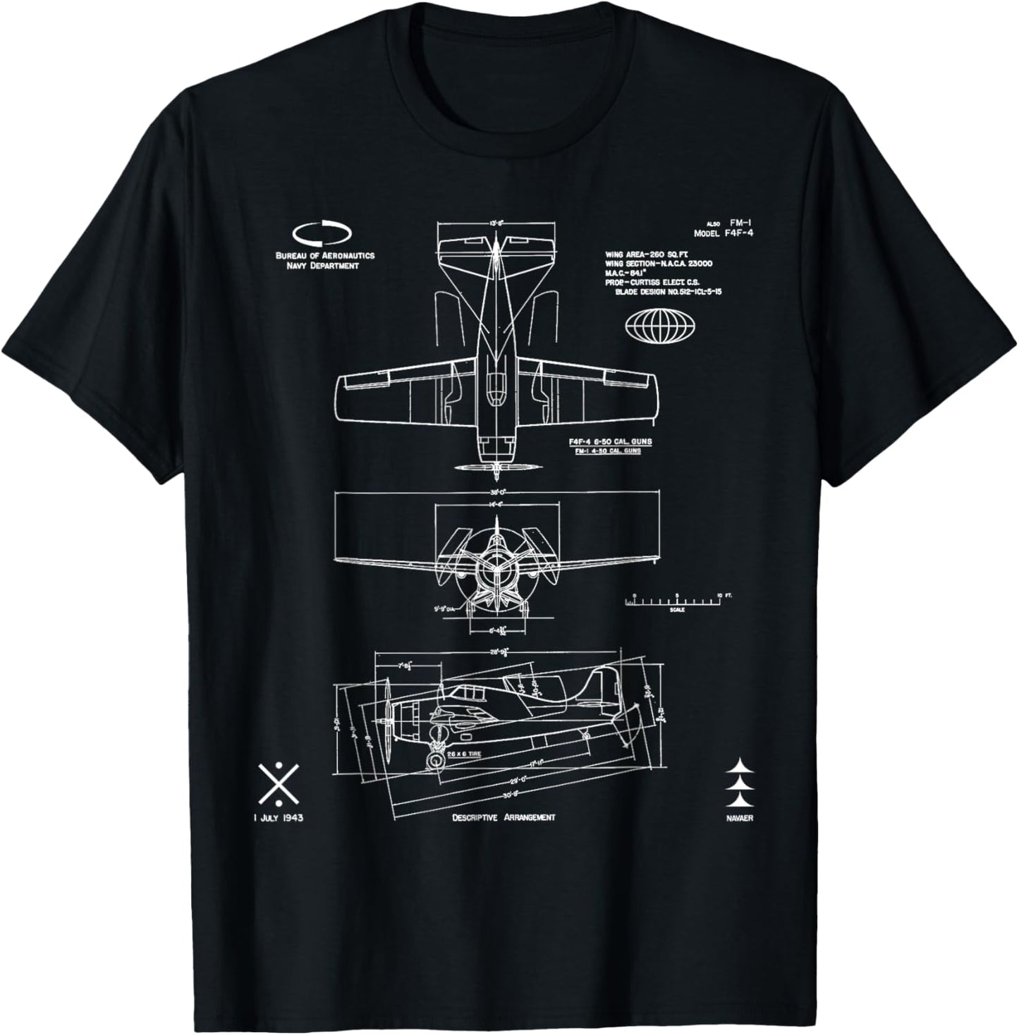Grumman F4F-4 Wildcat Fighter Aircraft Technical Blueprint T-Shirt - T-Shirt | Black