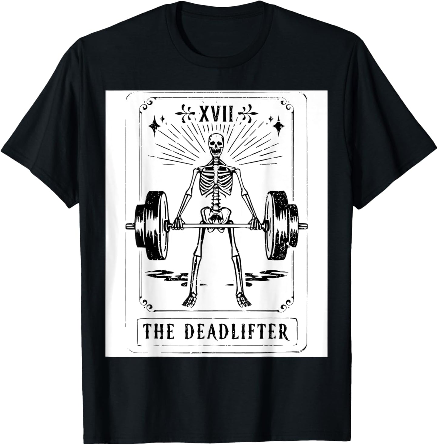 Deadlift Skeleton Tarot Card Fitness Workout Gym Weights T-Shirt - T-Shirt | Black