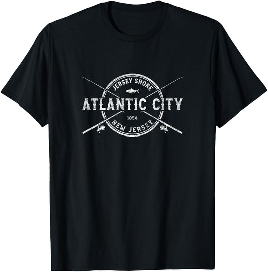 Atlantic City NJ Vintage Crossed Fishing Rods T-Shirt - T-Shirt | Black