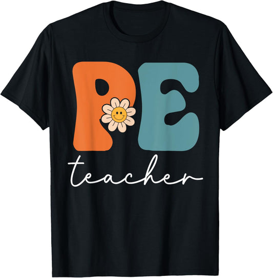 PE Teacher Team Retro Groovy Vintage First Day Of School Women Kids T-Shirt - T-Shirt | Black