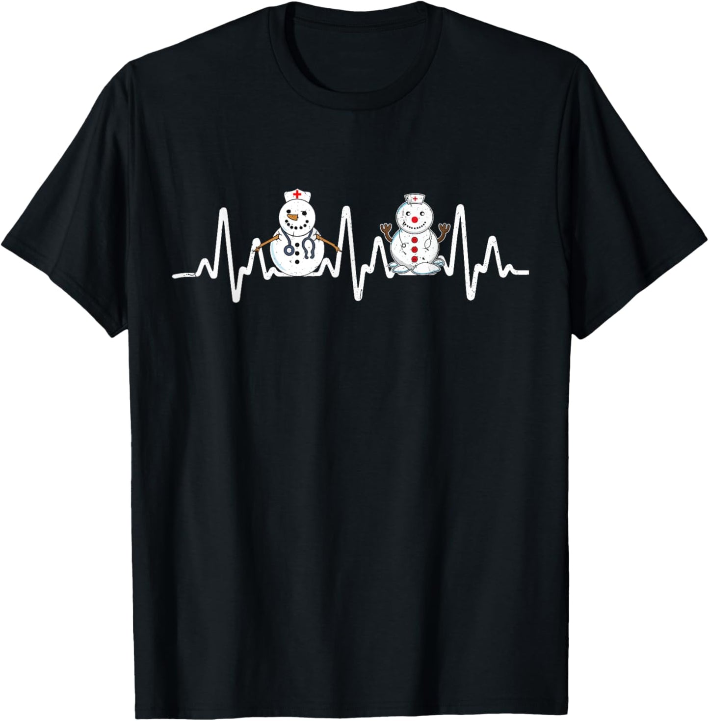 Nurse Snowman Heartbeat Snowflakes Gifts Christmas T-Shirt - T-Shirt | Black