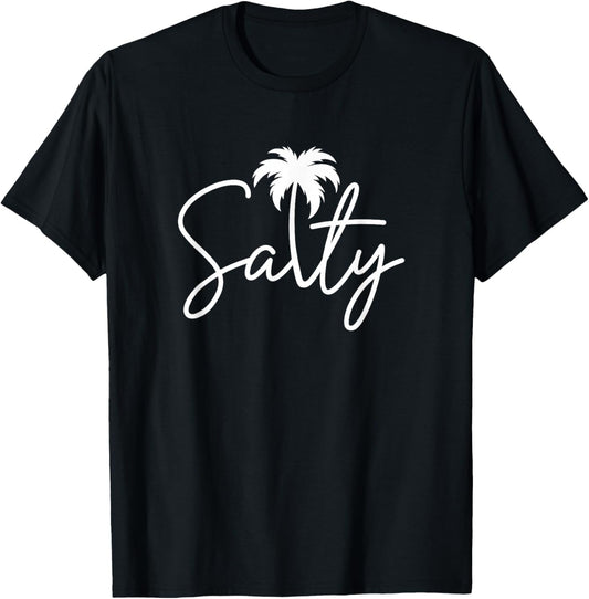 Salty Handwritten Palm Tree Coastal Beach Vibe Men Women T-Shirt - T-Shirt | Black