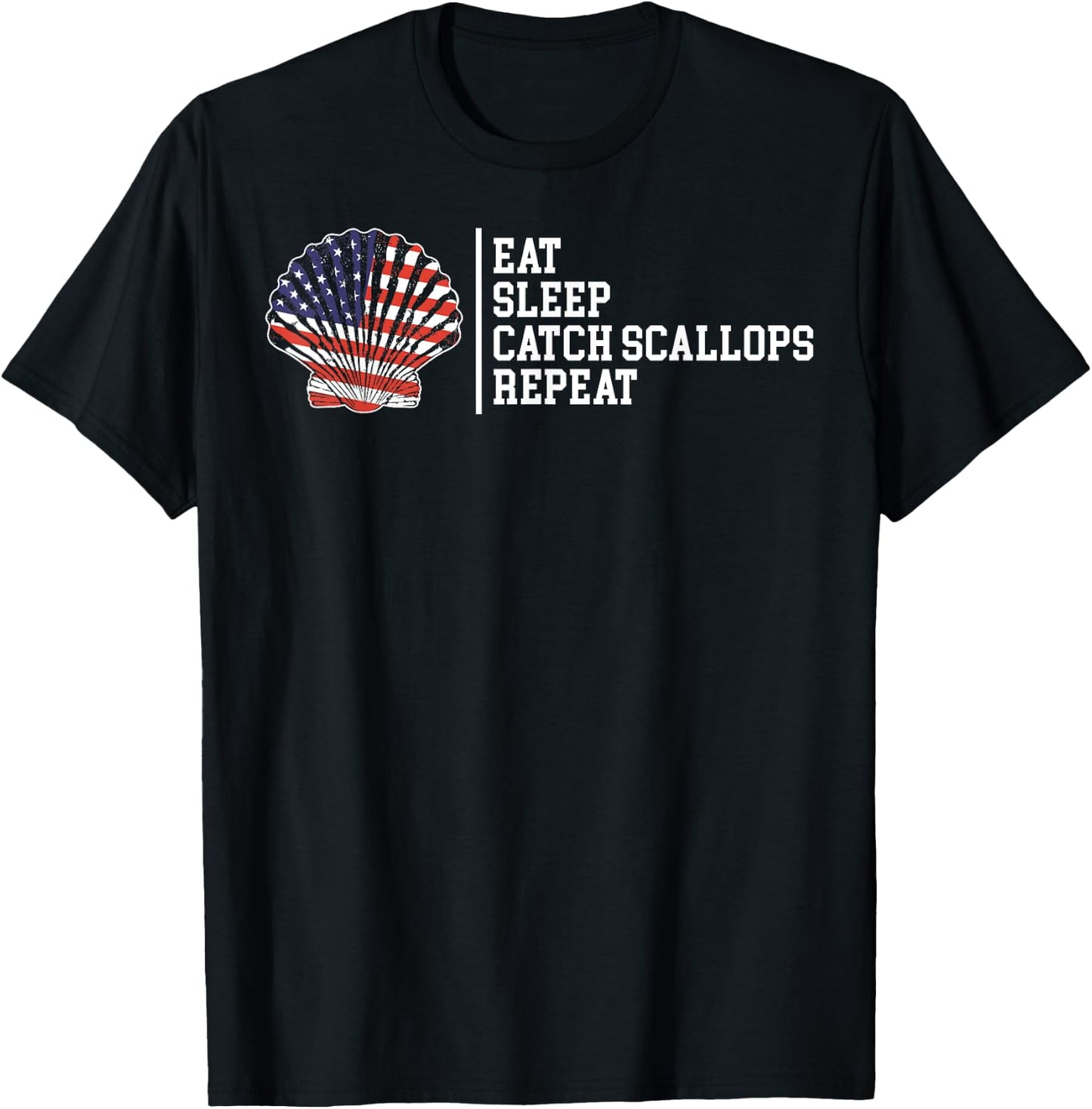 Eat Sleep Repeat American Flag Scallop Hunting Scalloping Women Kids Men T-Shirt - T-Shirt | Black