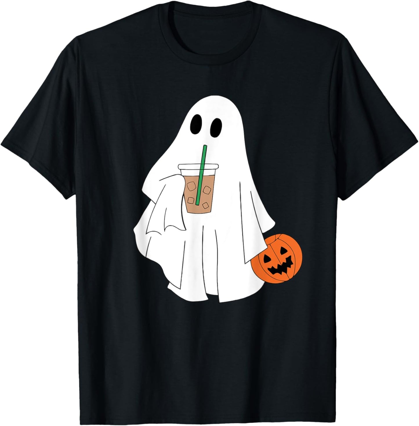 Cute Ghost Drinking Coffee Halloween Ghost Ice Coffee T-Shirt - T-Shirt | Black