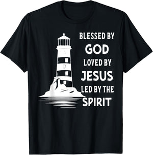 Jesus Shirts Apparel And Accessories - Blessed By God, Loved By Jesus, Led By The Holy Spirit - Christian Lighthouse - -Adults, -Kids - Black - Short Sleeve - Small - Classic Fit T-Shirt - T-Shirt | Black