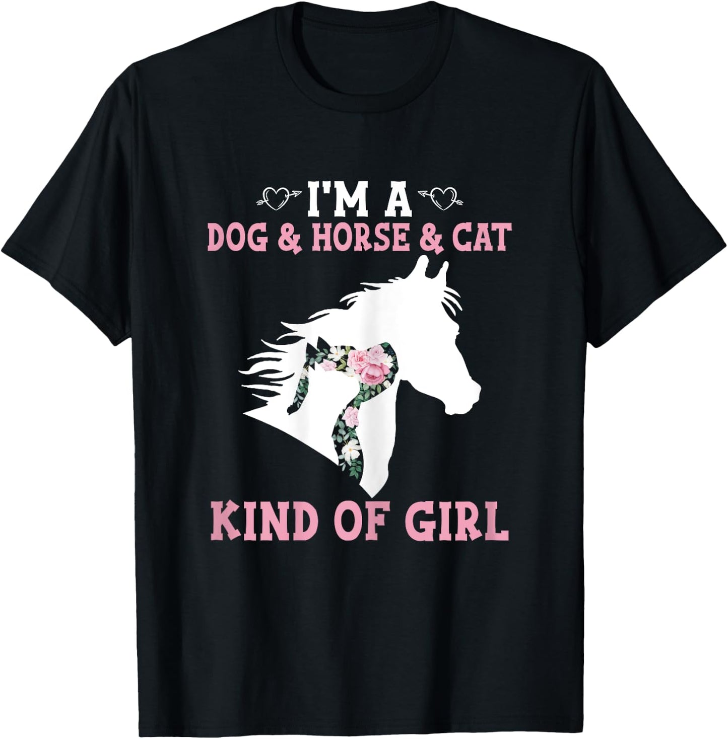 Dy Dog Horse Cat Floral Silhouette Animal Lover Girl Gift T-Shirt - T-Shirt | Black
