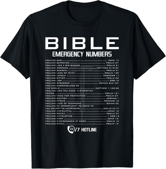 Bible Emergency Hotline Numbers 24/7 Hotline Cool Christian T-Shirt - T-Shirt | Black