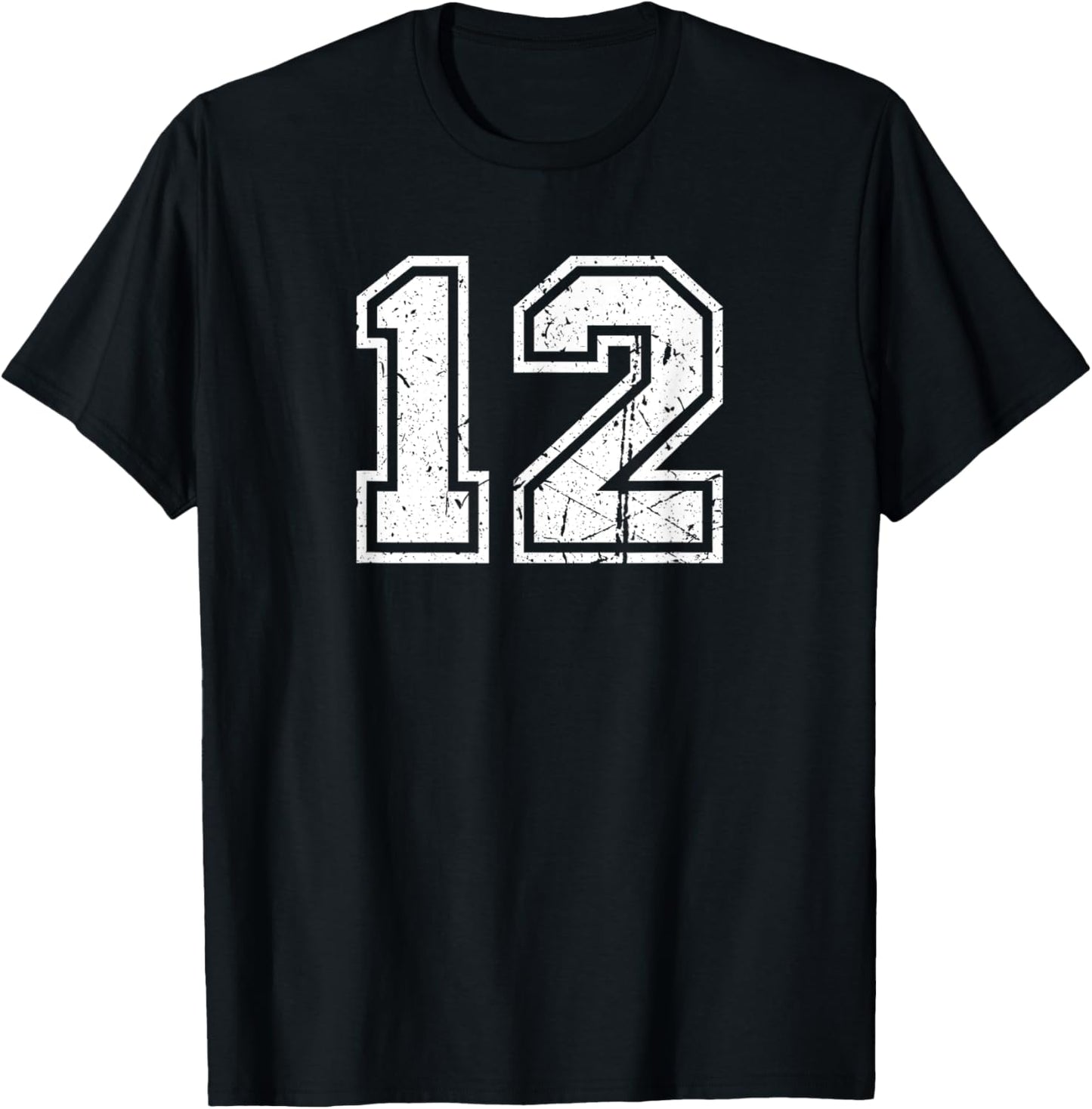 Distressed Number #12 White Sports Team T-Shirt - T-Shirt | Black
