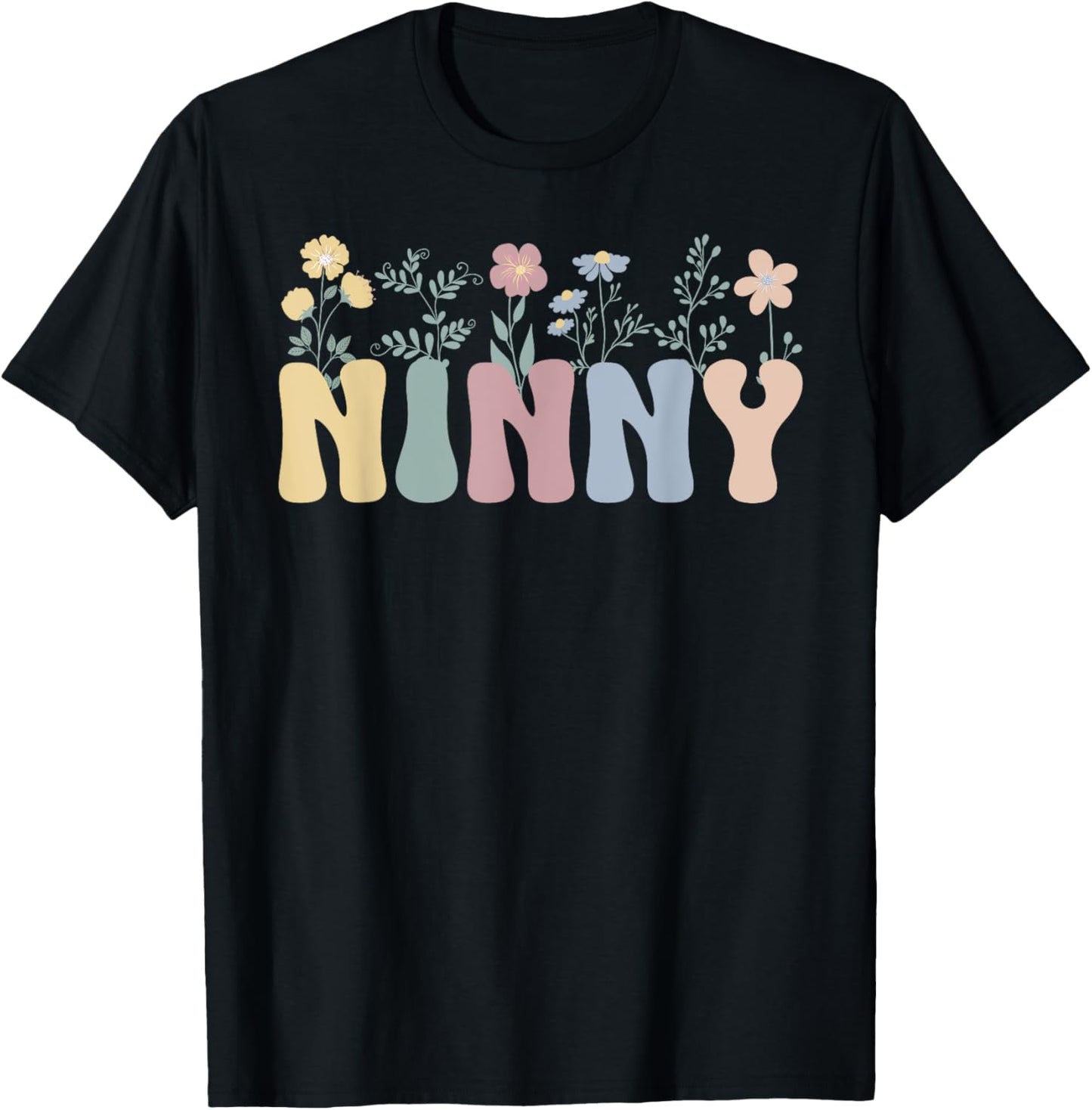 Groovy Ninny Grandma On Mother's Day Black Floral Pattern Casual T-Shirt - T-Shirt | Black