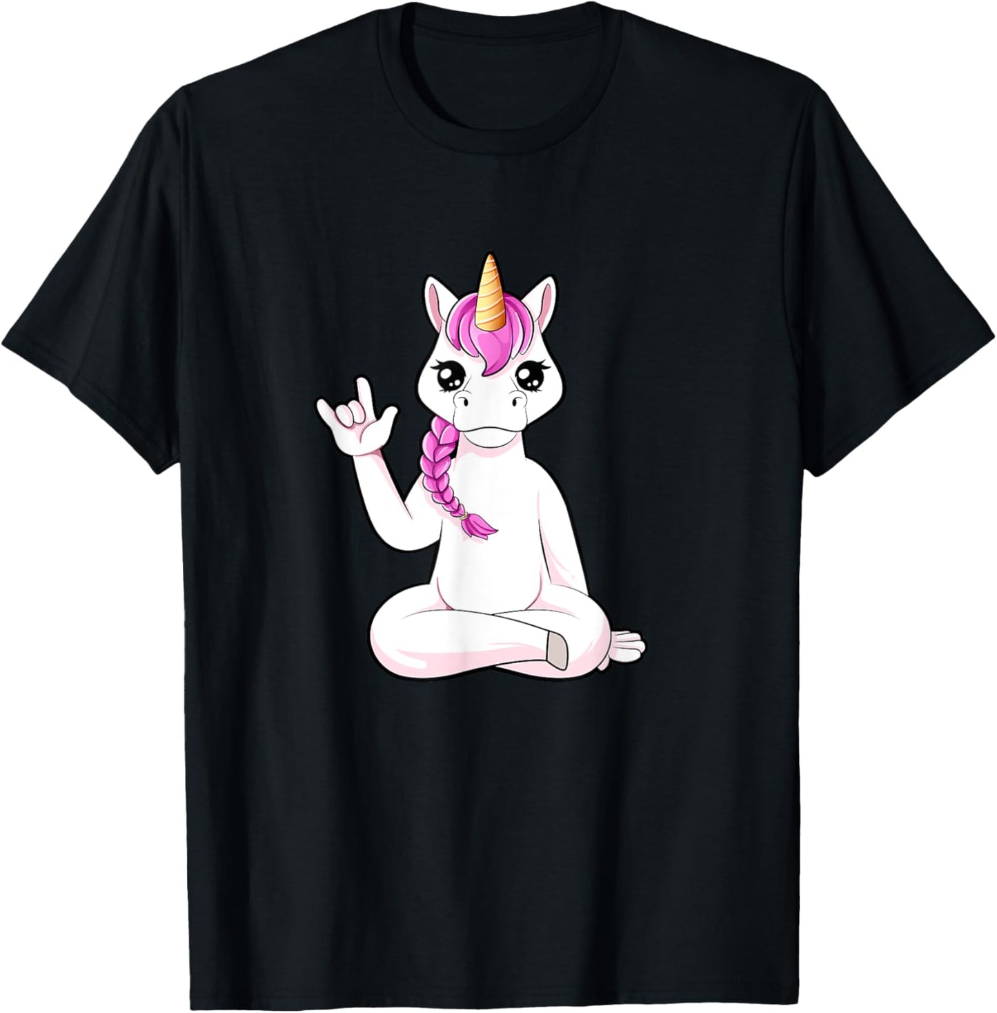 Cartoon unicorn shows I love you - ASL hand gesture T-Shirt - T-Shirt | Black