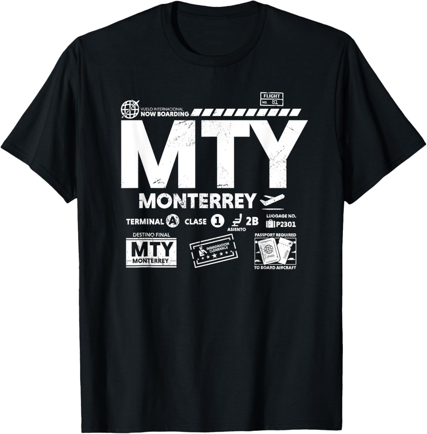 Vintage Monterrey MTY Airport Code Travel Day Retro Tag MX T-Shirt - T-Shirt | Black