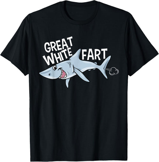 Great White Fart Grinning Shark - Funny Boys Farting T-Shirt - T-Shirt | Black