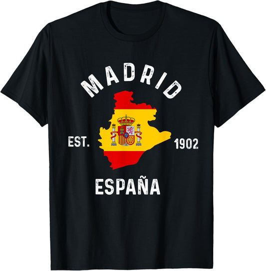 Madrid Espana Spain Est. Souvenir Flag Map Vacation T-Shirt - T-Shirt | Black