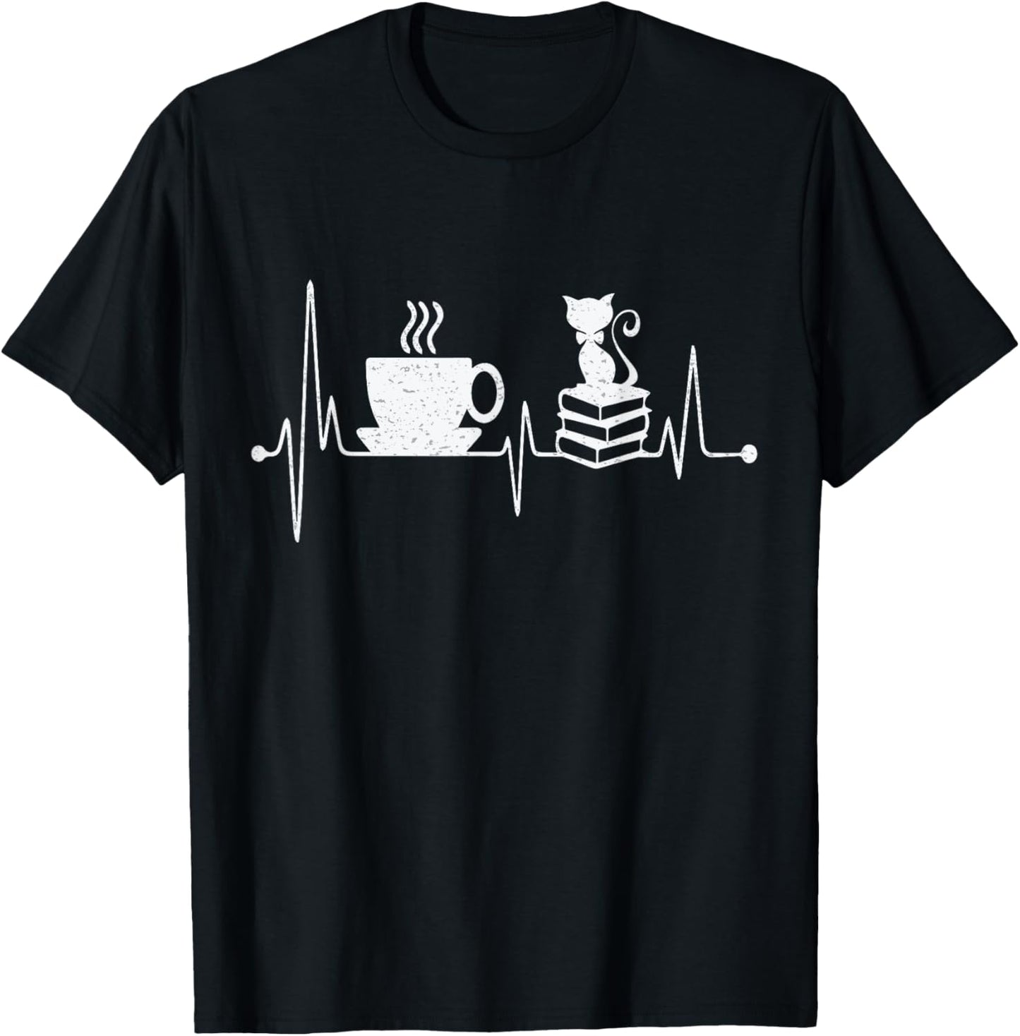 Cat Book Coffee Lover Heartbeat Cat Lover Book Lover T-Shirt - T-Shirt | Black