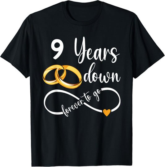 9 Years Down Forever To Go Couple 9th Wedding Anniversary T-Shirt - T-Shirt | Black