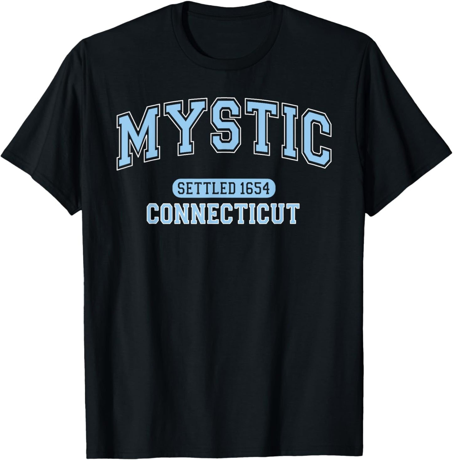 Mystic Connecticut Settled 1654 Vintage Arched Pale Blue T-Shirt - T-Shirt | Black