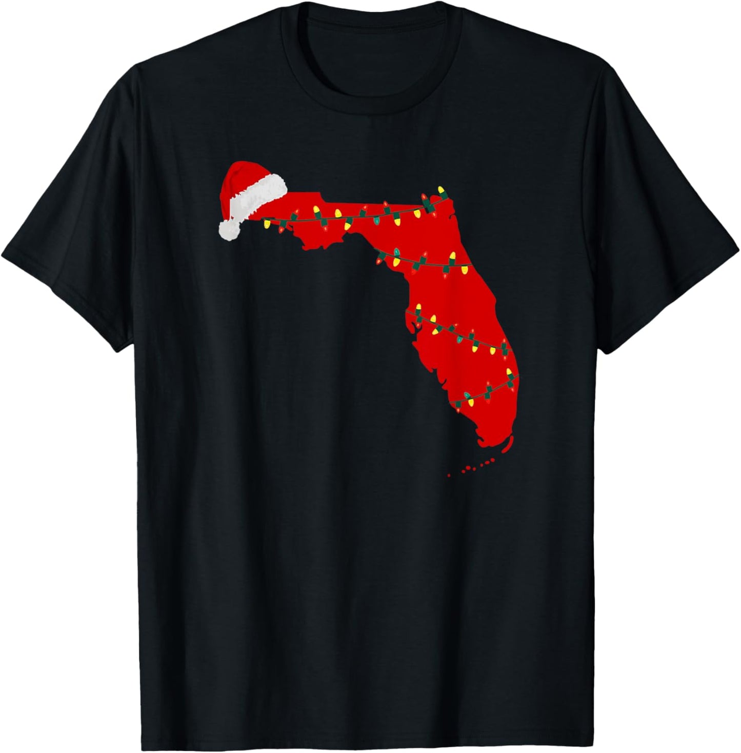 Florida Christmas State Map Lights Santa Hat Tropical Xmas T-Shirt - T-Shirt | Black