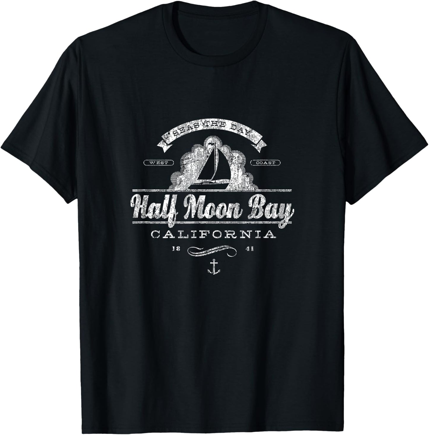 Half Moon Bay CA Sailboat Vintage Nautical T-Shirt - T-Shirt | Black