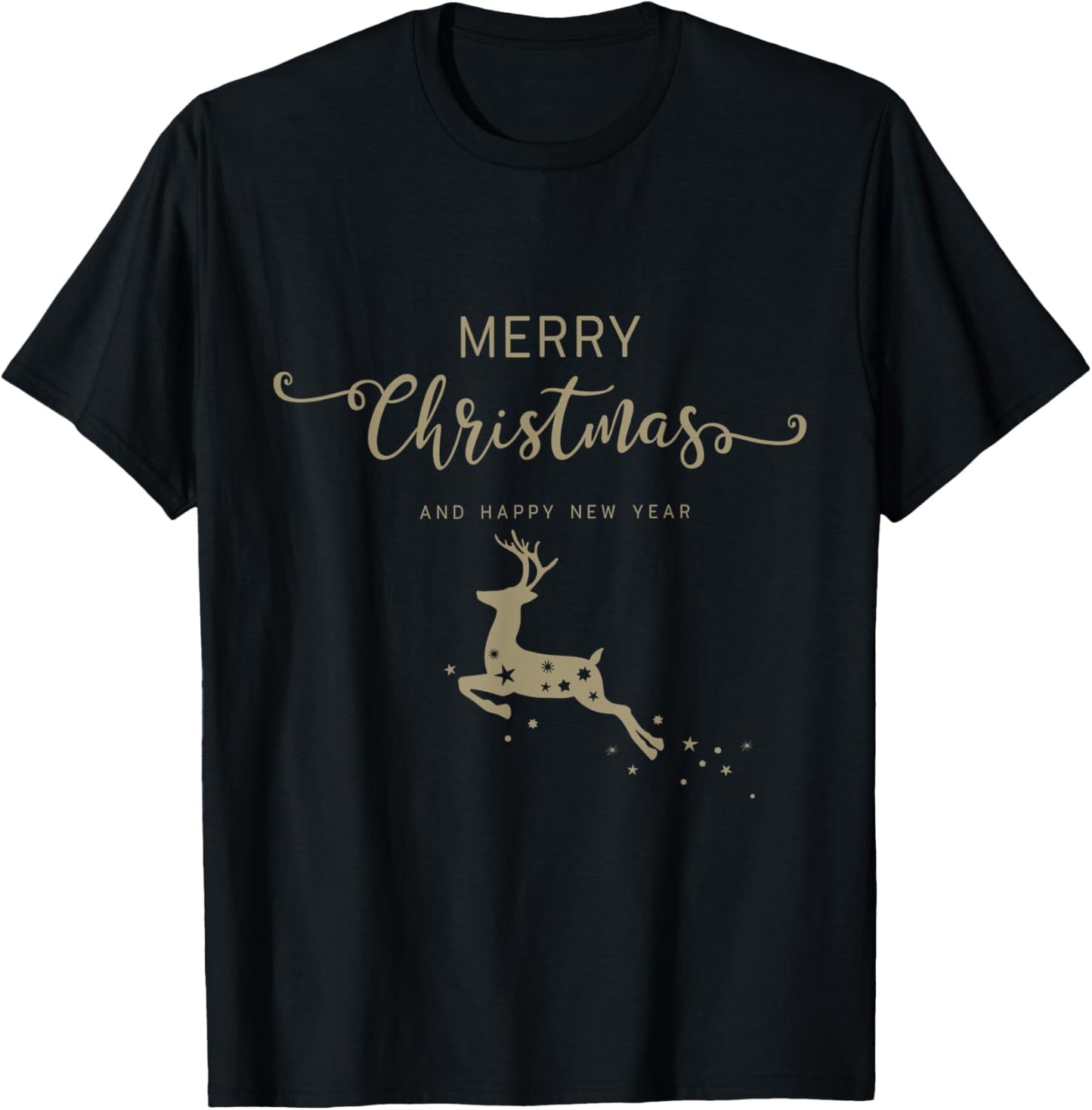 Flying Deer Christmas Merry Christmas Happy New Year Gold T-Shirt - T-Shirt | Black