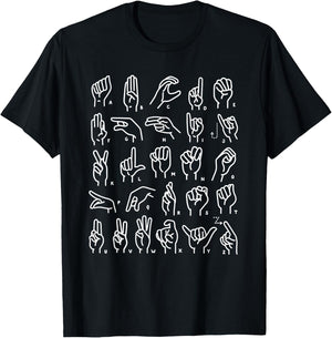 ASL Sign Language Apparel & ABC Sign Language Chart Teacher Hand Letter Alphabet ASL for Kids & Students, , Black, Small, Short Sleeve, Retro Style, Letter Print T-Shirt - T-Shirt | Black