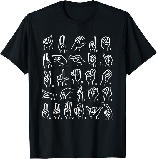 ASL Sign Language Apparel & ABC Sign Language Chart Teacher Hand Letter Alphabet ASL for Kids & Students, , Black, Small, Short Sleeve, Retro Style, Letter Print T-Shirt - T-Shirt | Black