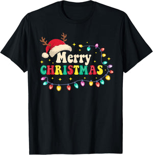 Groovy Merry Christmas Santa Hat Reindeer Xmas Family Santa T-Shirt - T-Shirt | Black