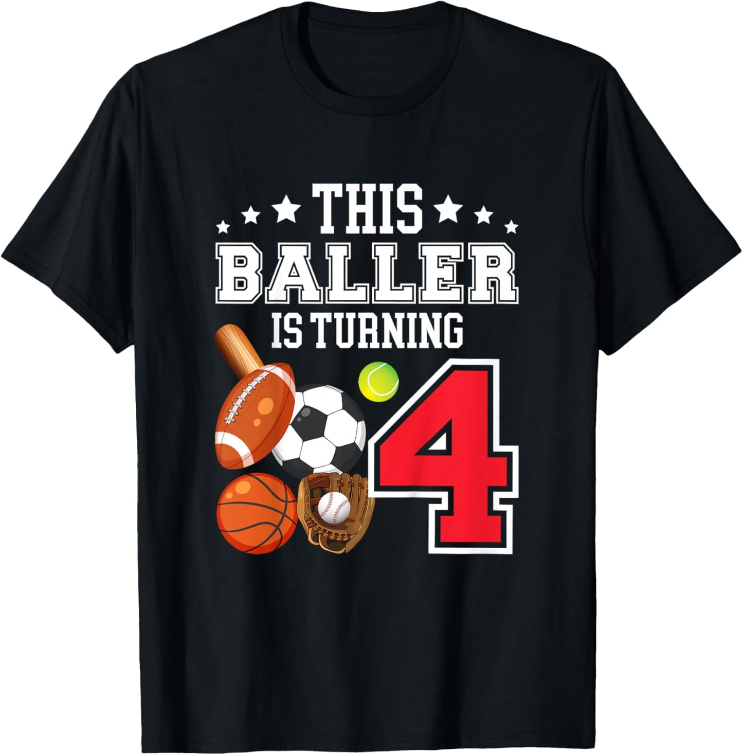 Kids 4th Birthday Sports Birthday Theme 4 Year Old Boy T-Shirt - T-Shirt | Black