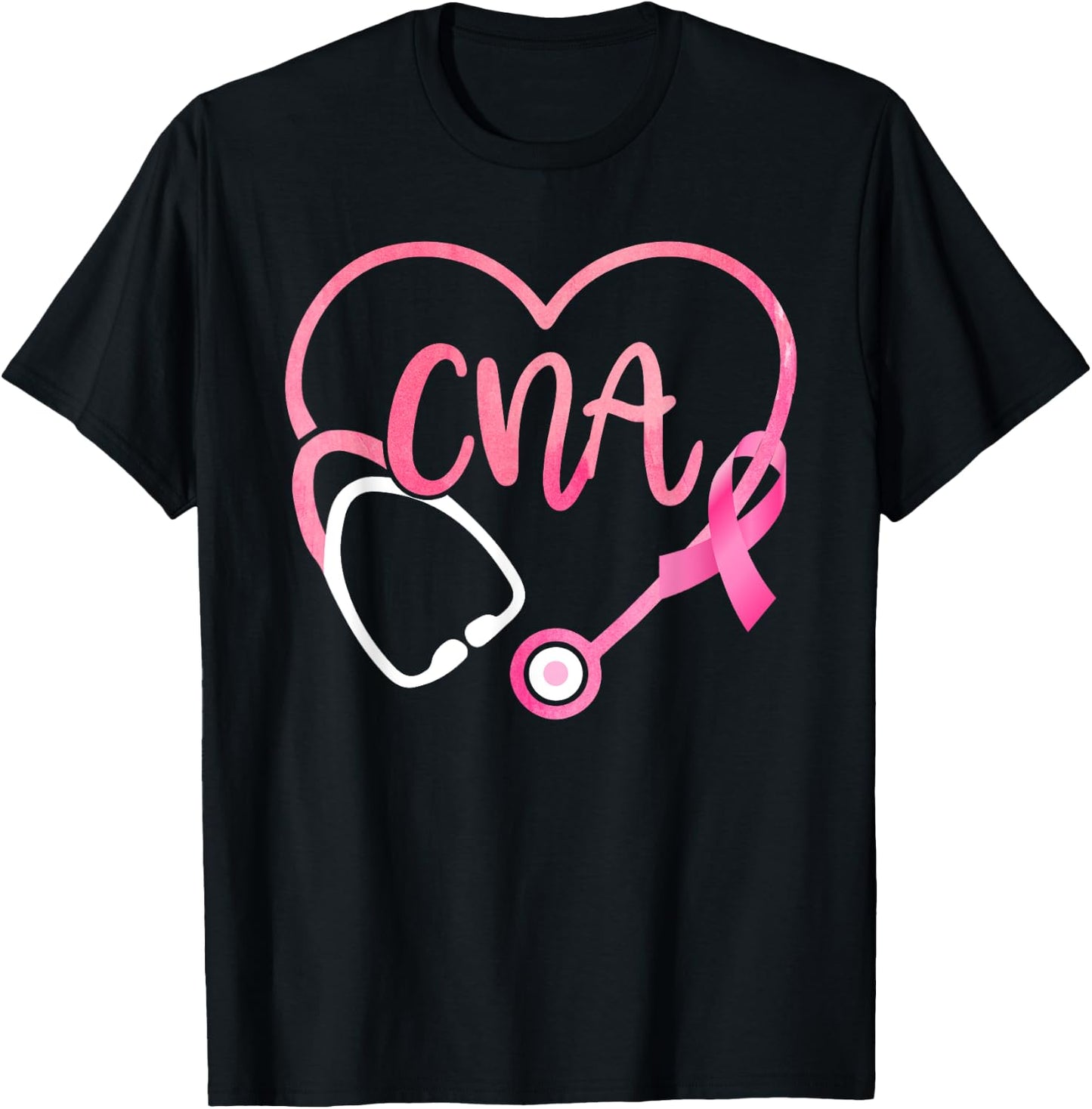 CNA Heart Stethoscope Pink Ribbon Breast Cancer Awareness T-Shirt - T-Shirt | Black
