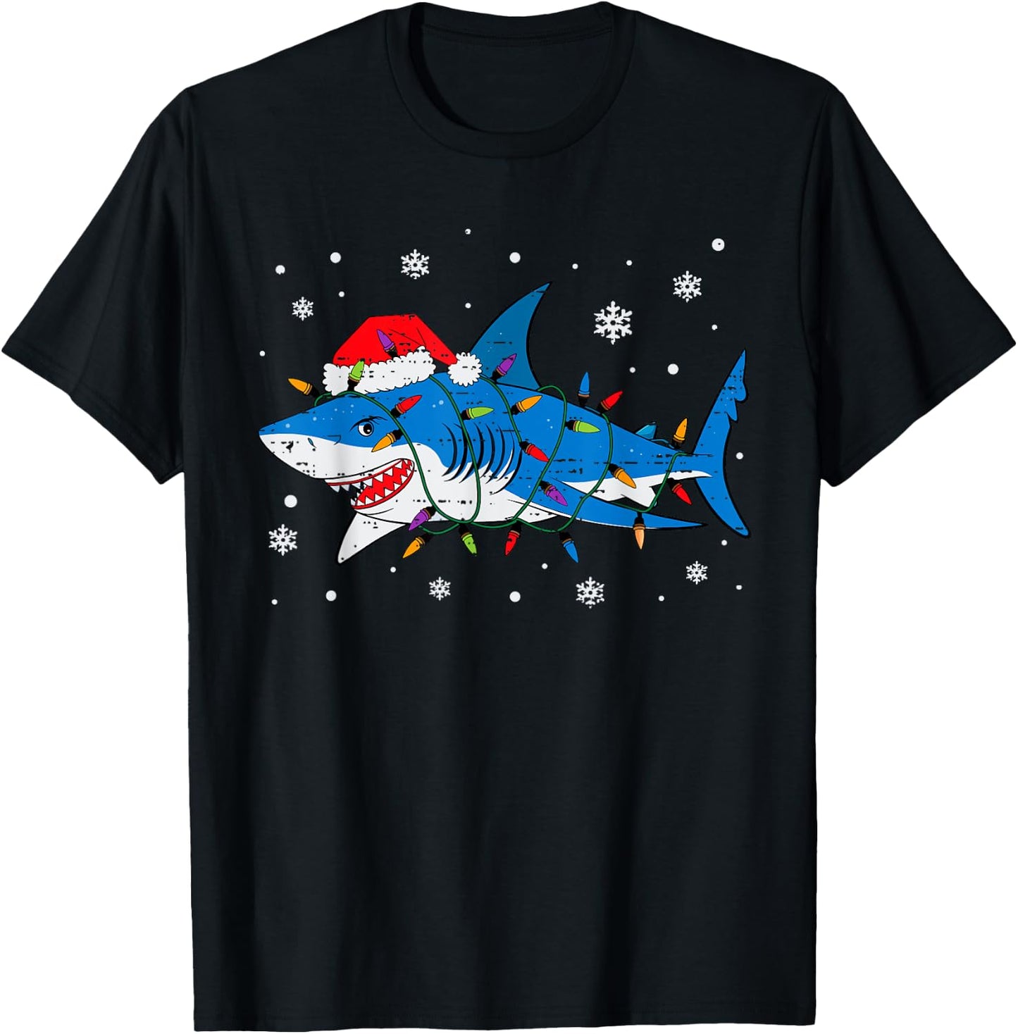 Shark Santa Hat Christmas Lights Xmas Pajama Men Women Kids T-Shirt - T-Shirt | Black