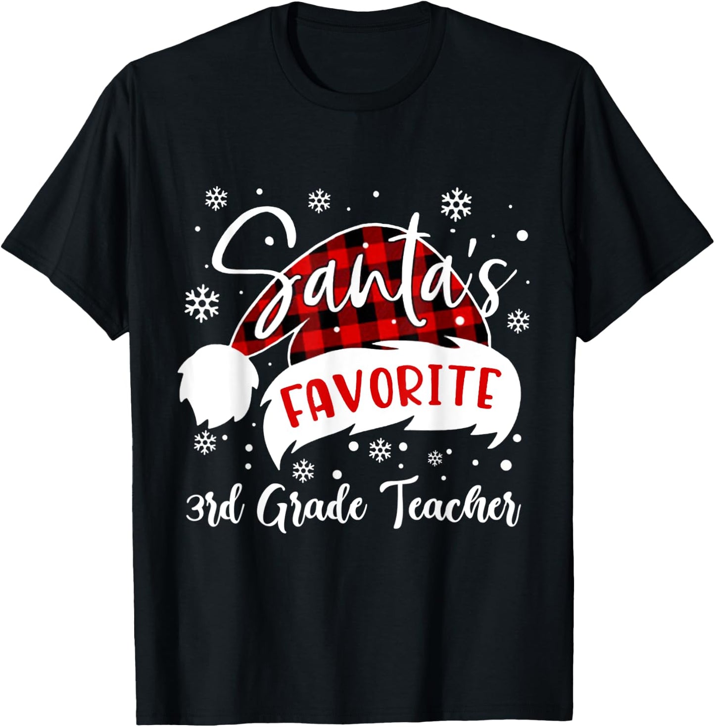 Santa's Favorite 3rd Grade Teacher Hat Flannel Christmas Women Kids T-Shirt - T-Shirt | Black