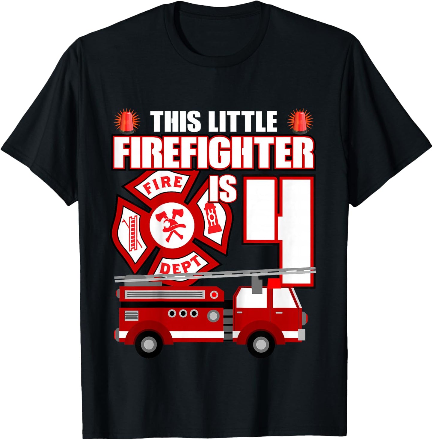 4 Year Old Firefighter Birthday Party Fire Truck 4th Gift T-Shirt - T-Shirt | Black