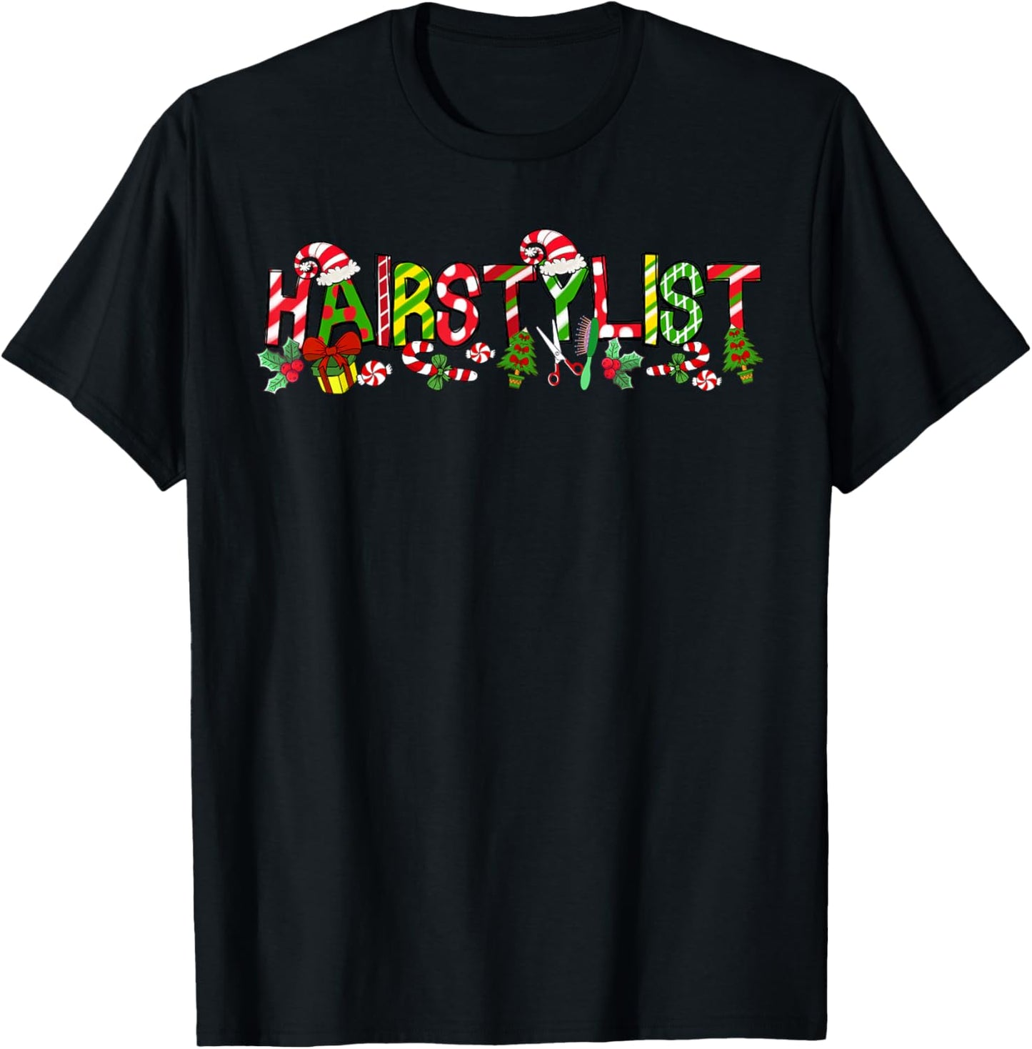 Hairstylist Santa Hat Candy Cane Christmas Funny Xmas T-Shirt - T-Shirt | Black