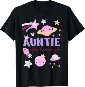 Auntie of Two The Moon Girl Cosmos Stars Space 2nd Birthday T-Shirt - T-Shirt | Black