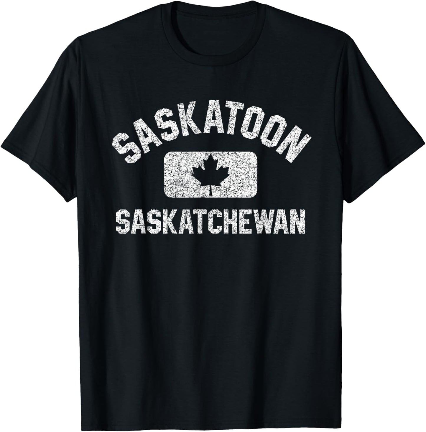 Saskatoon Gym Style Canada Leaf Red w Distressed White Print T-Shirt - T-Shirt | Black