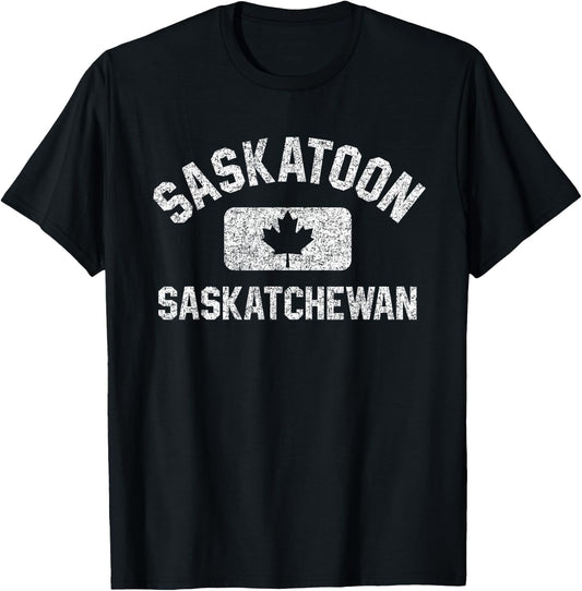 Saskatoon Gym Style Canada Leaf Red w Distressed White Print T-Shirt - T-Shirt | Black