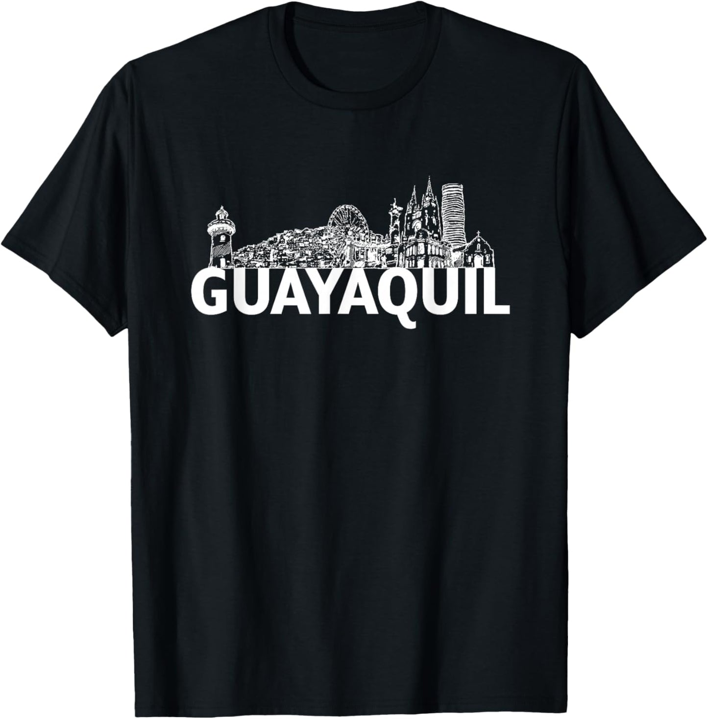 Guayaquil Ecuador City Skyline Silhouette Outline Sketch T-Shirt - T-Shirt | Black