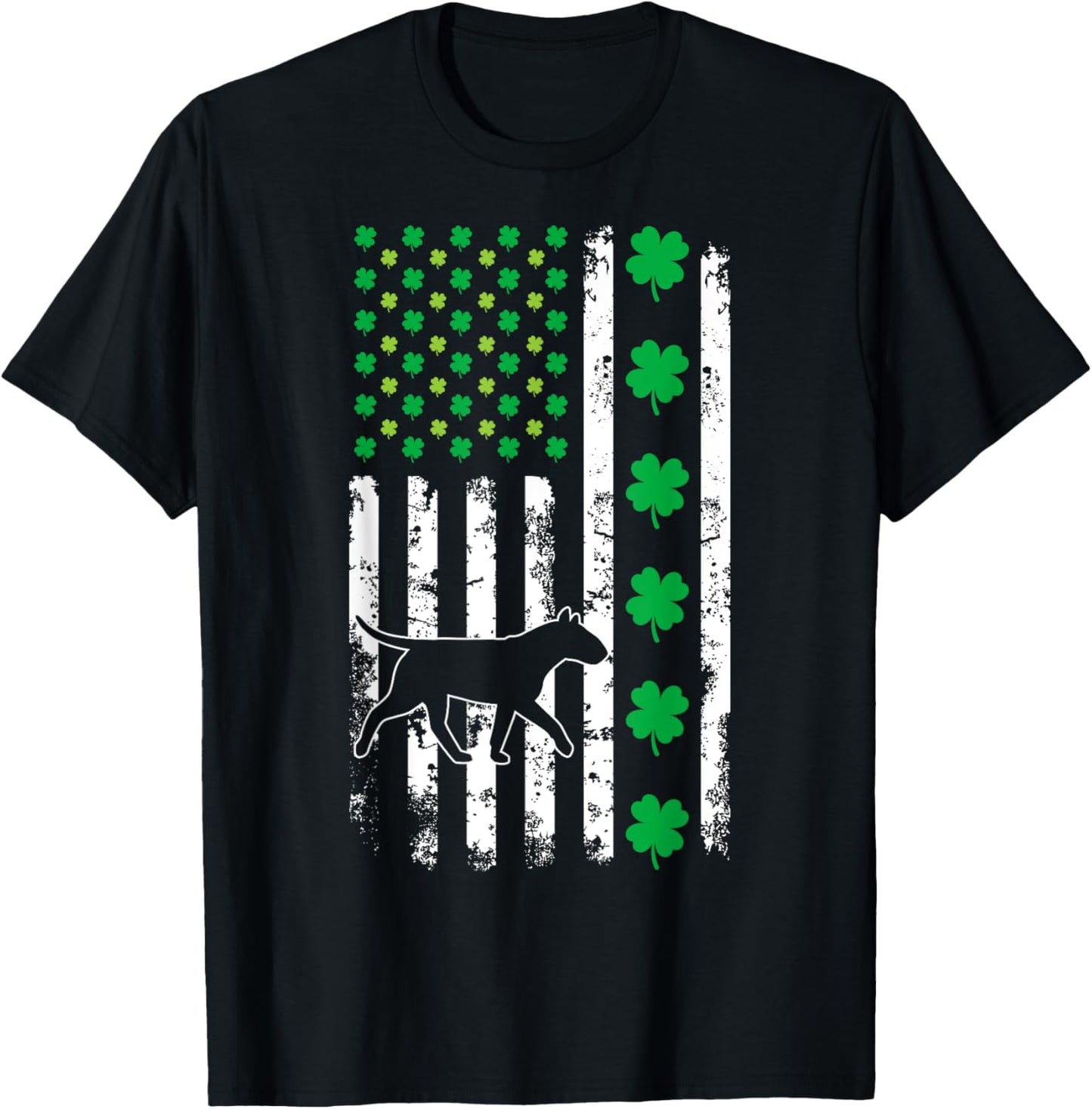 US American Flag Shamrocks Bullterrier Lucky Clover Dog T-Shirt - T-Shirt | Black
