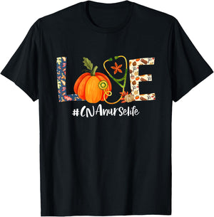 Love CNA Nurse Life Thanksgiving Fall Autumn Pumpkin Scrub T-Shirt - T-Shirt | Black