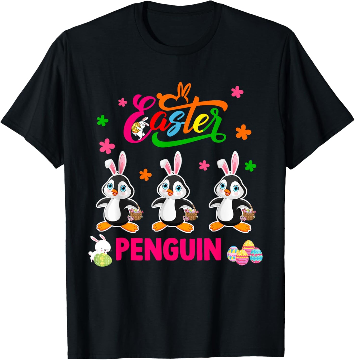 Easter Penguin Three Cute Bunny Penguins Hunting Eggs Basket T-Shirt - T-Shirt | Black