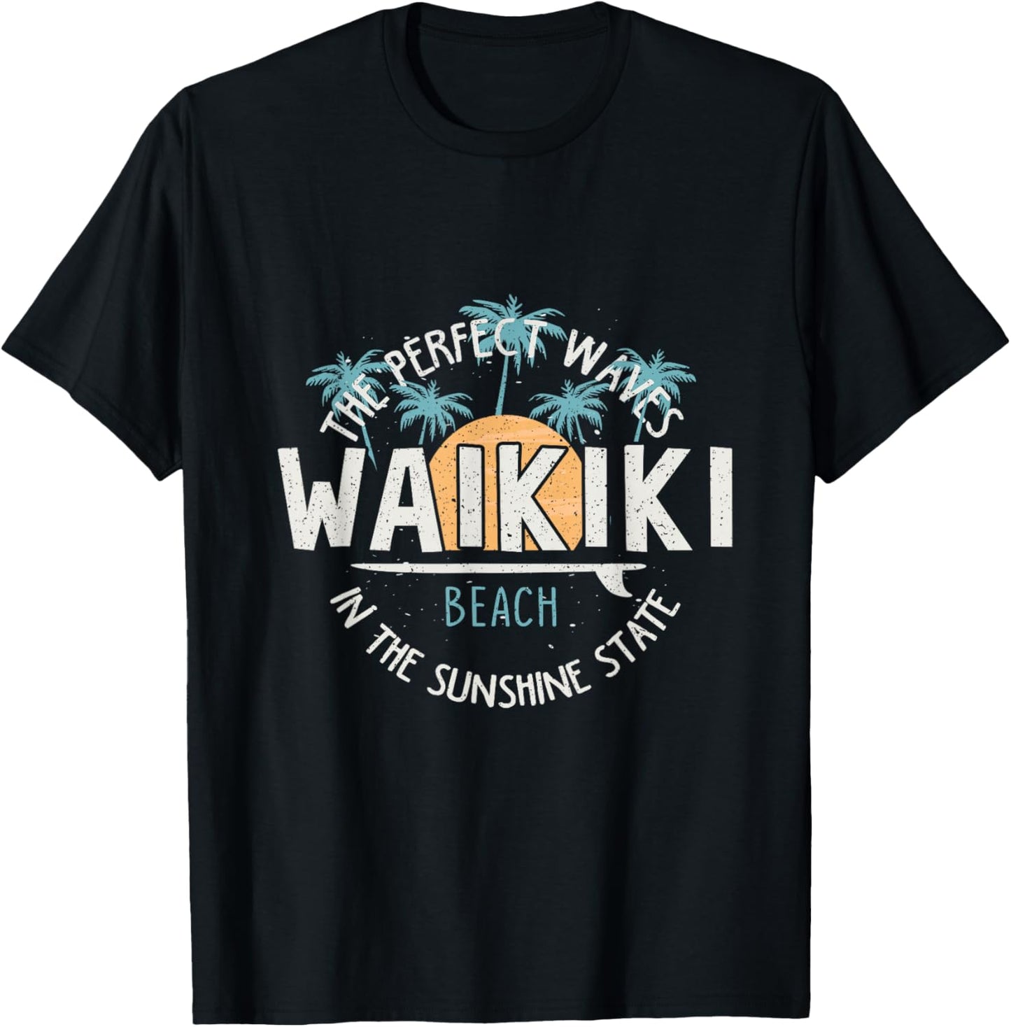 Vintage Sunset Palm Tree Waikiki Hawaii Surfing Vacation T-Shirt - T-Shirt | Black