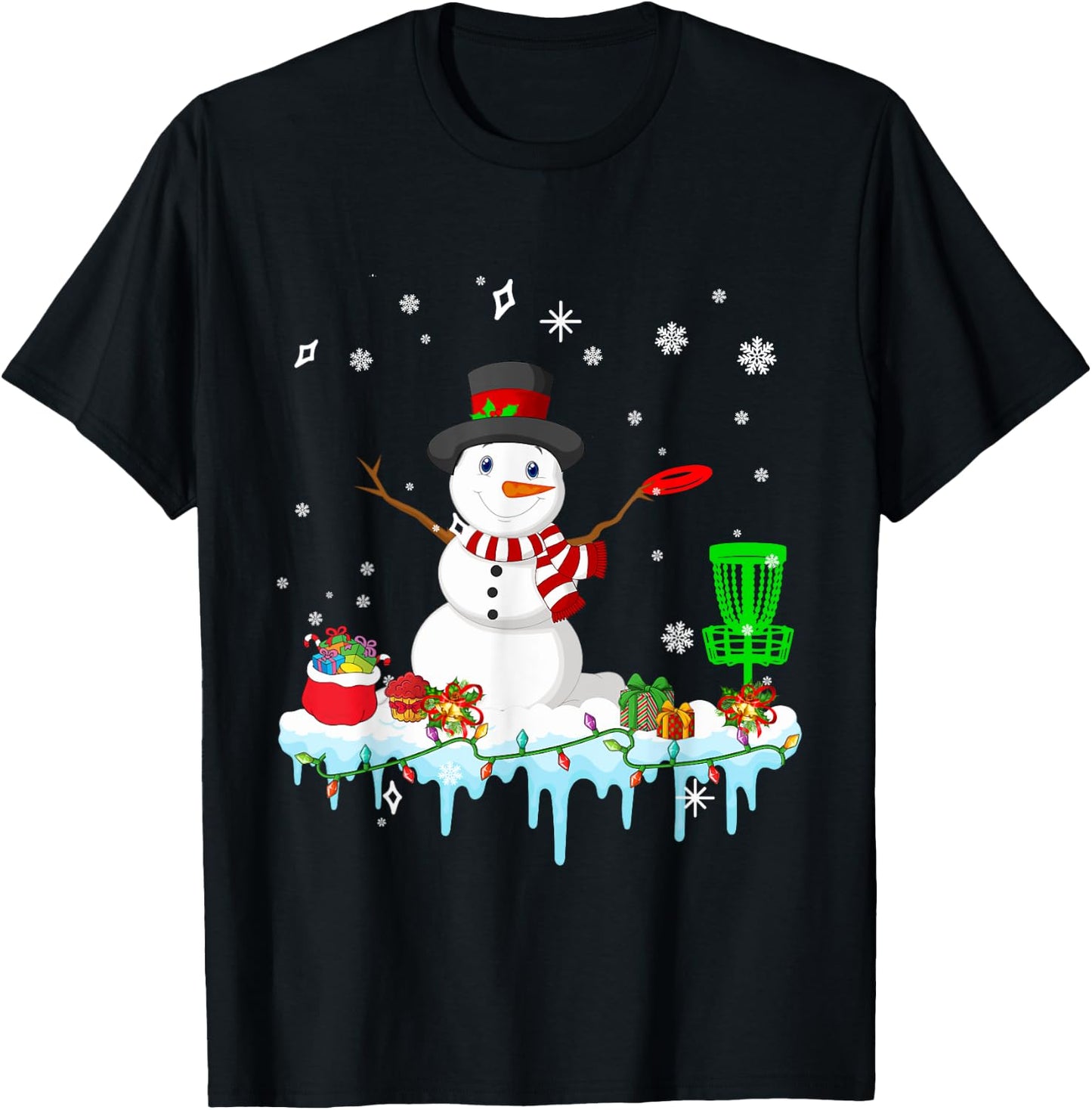 Snowman Playing Disc Golf Christmas Disc Golf Player Lover T-Shirt - T-Shirt | Black