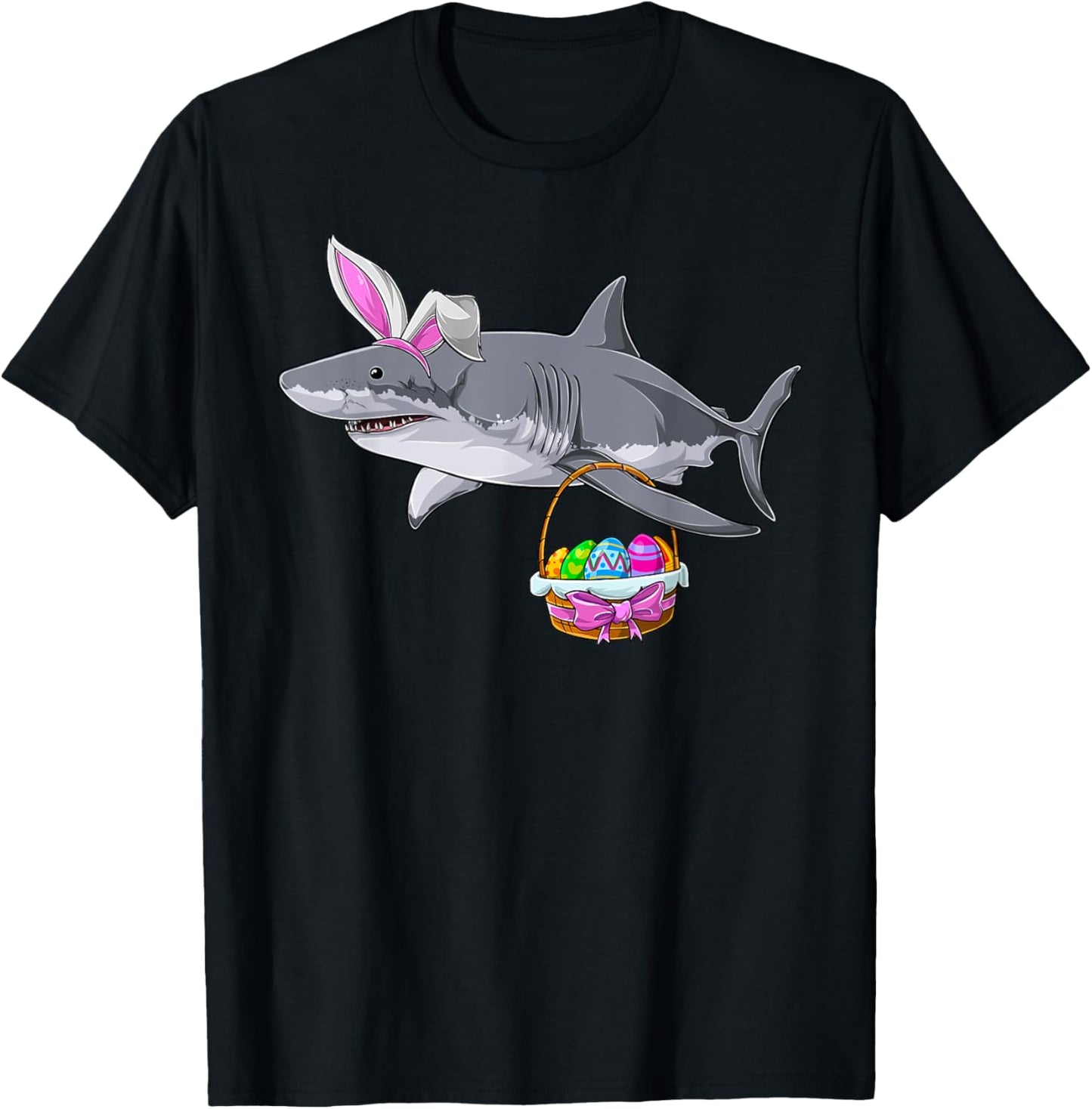 Cute Shark with Easter Basket and Bunny Ears Happy Easter T-Shirt - T-Shirt | Black