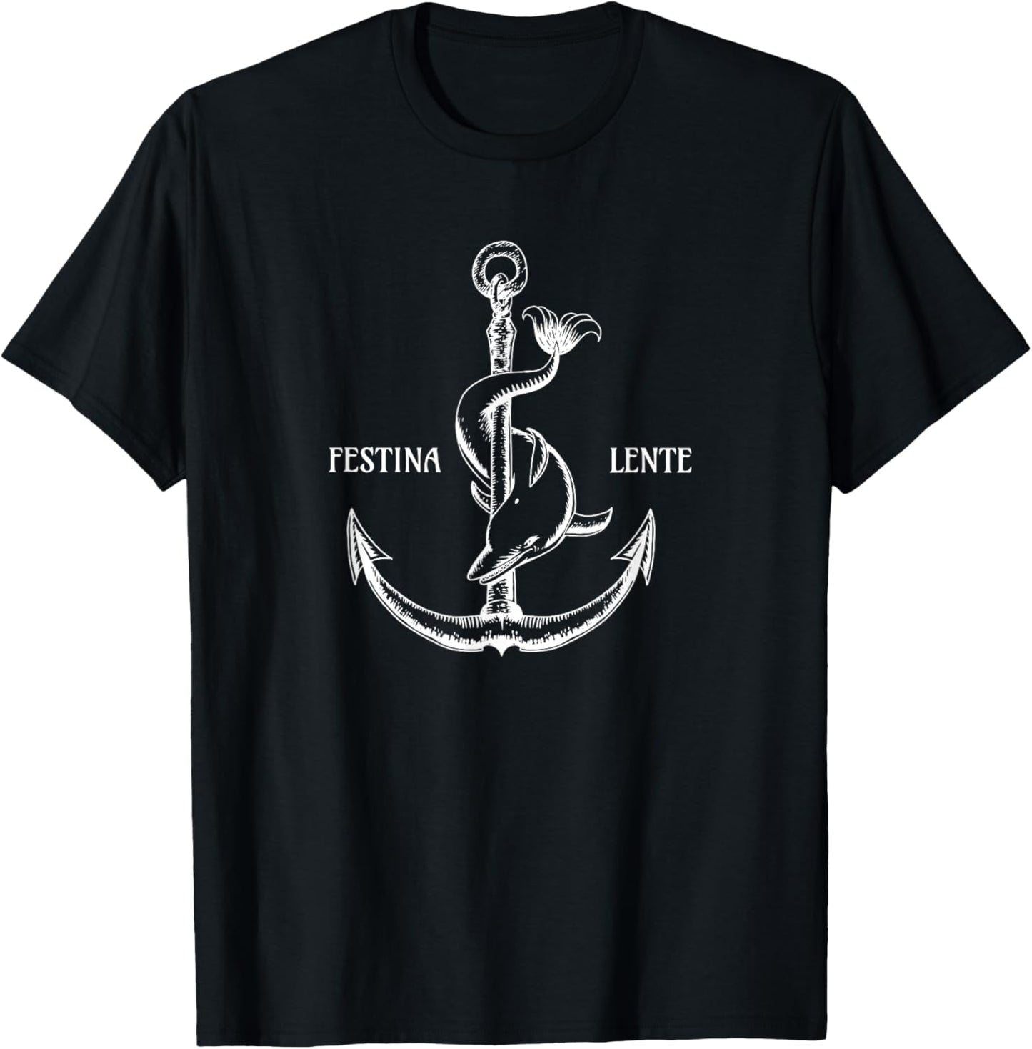 Festina Lente Symbol Anchor Dolphin Make Haste Slowly T-Shirt - T-Shirt | Black