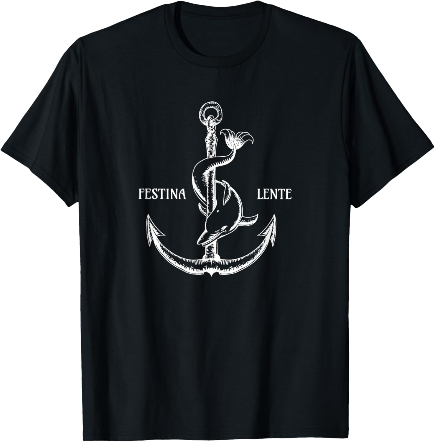 Festina Lente Symbol Anchor Dolphin Make Haste Slowly T-Shirt - T-Shirt | Black